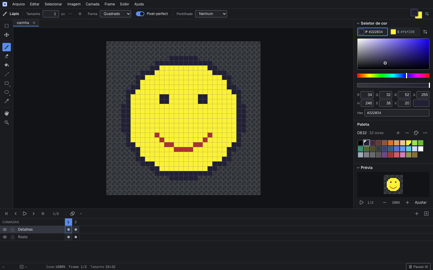 O editor do Ladrilho no tema escuro com um sprite 32×32 de carinha sorridente, ferramentas, paleta, camadas e timeline