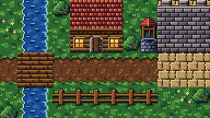 Pequena vila montada só com o tileset: uma cabana de toras com janelas acesas, um rio com ponte de madeira, estrada de terra, cerca, poço e muros de pedra